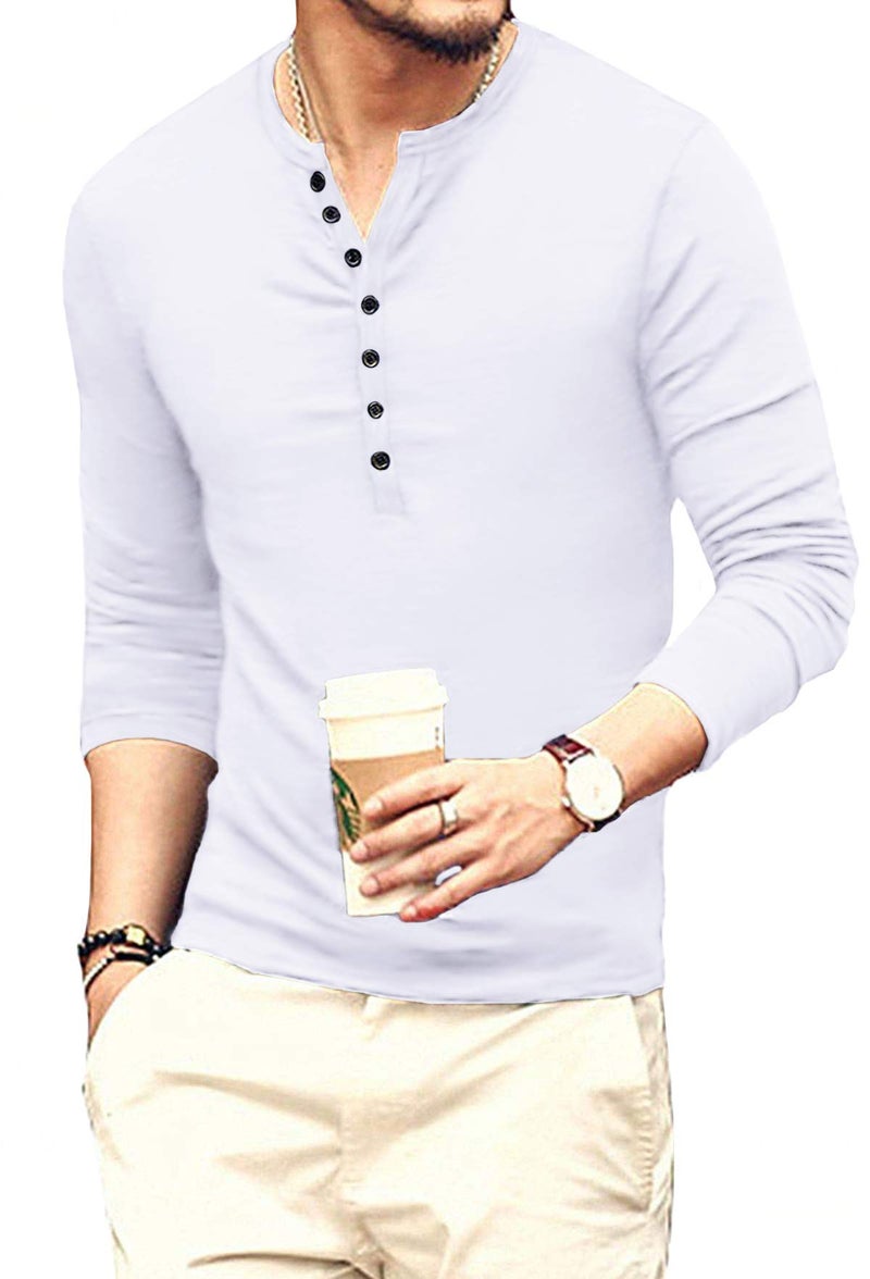YTD Mens Casual Slim Fit Basic Henley Long Sleeve Fashion T-Shirt S White - Image 2